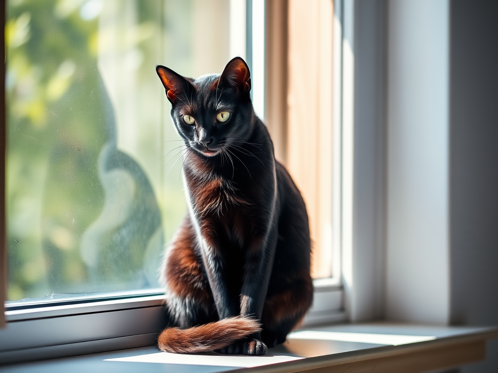 Generate a high-resolution image of a sleek black cat sitting gracefully on a windowsill with natural sunlight illuminating its fur, taken with a Canon EOS R5, 50mm lens, f/1.8 aperture, ISO 200, in a soft focus style.