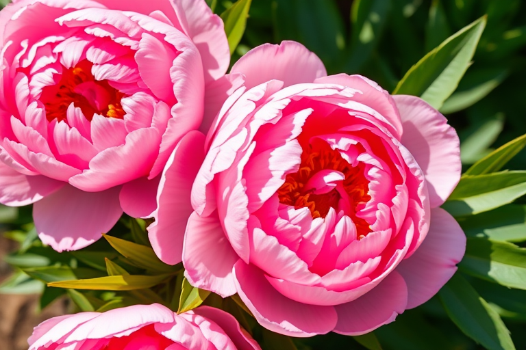 Create a highly detailed illustration of three pink peonies with lush green leaves, shot in macro view using a DSLR camera at f/2.8 aperture, ISO 100, 50mm lens, with soft natural lighting to enhance vibrancy and texture.