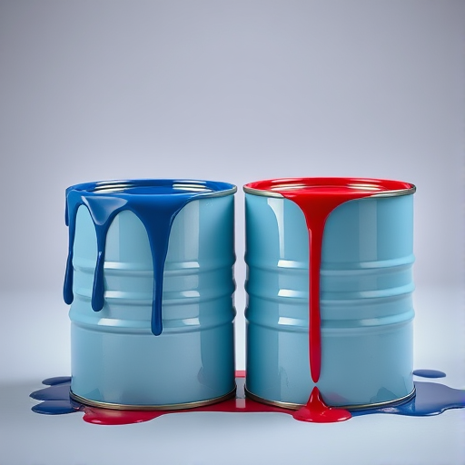 Generate an image of two paint cans, one blue and one red, with paint dripping from the edges, using a Canon EOS R5 with a 50mm f/1.2 lens, aperture set to f/2.8, ISO 100, in a well-lit studio environment.