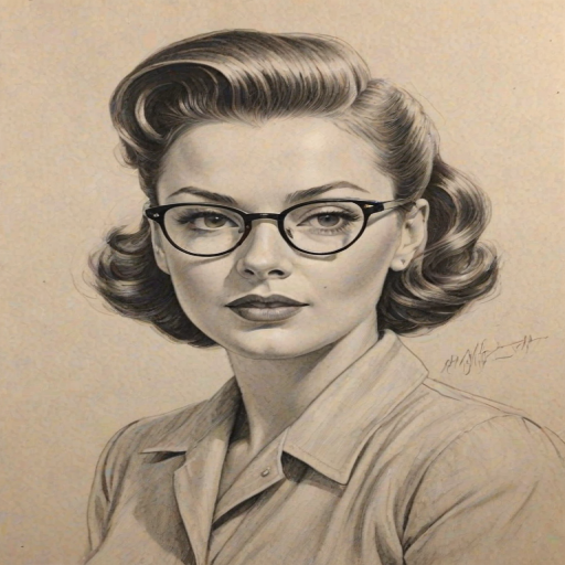 Magnificent Billi Mucklow, pencil sketch, portrait of Splendid woman 1940s in glasses, hair style beatnik, outline, clear lines, fine lines, 8k