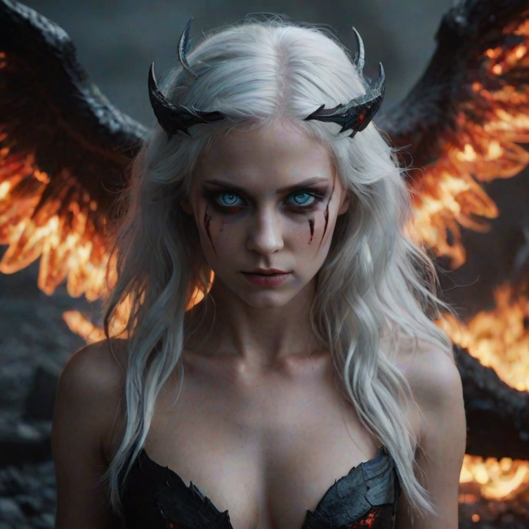 Misty Valley a close-up of a mysterious woman one half of her body and face is beautiful angelic appearance blue eyes white hair the other half of her body and face is demonic coal-black skin red eye and hair are burning with fire demonic horn on her back are wings corresponding to each part of the body. Dark atmosphere cinematic masterpiece clear focus