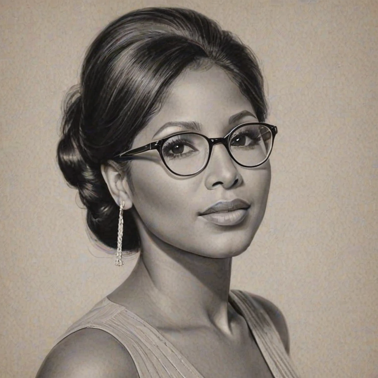 Superb Toni Braxton, pencil sketch, portrait of Ravishing woman 1950s in glasses, hair style beatnik, outline, clear lines, fine lines, 8k