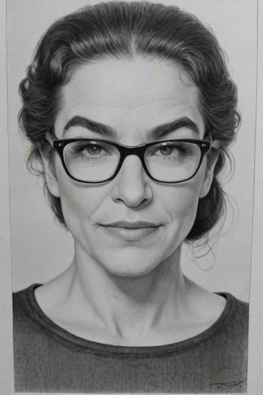 Resplendent Mandy Patinkin, pencil sketch, portrait of Sublime woman 1953s in glasses, hair style beatnik, outline, clear lines, fine lines, 8k
