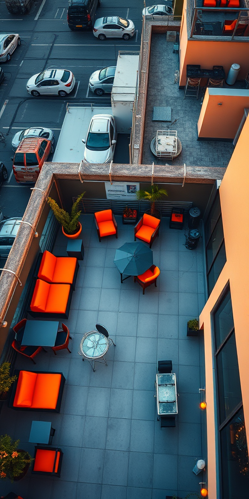 aerial view of a rooftop terrace with orange furniture and railings, golden hour lighting, DSLR camera, 35mm lens, f/8 aperture, ISO 200, high dynamic range imaging