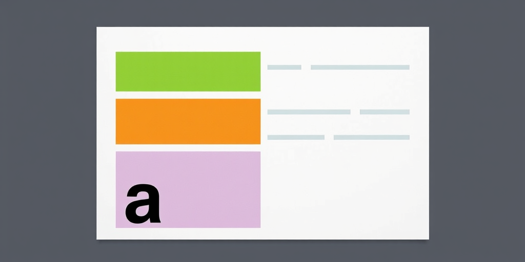 Create a high-resolution illustration of a document layout with colorful sections including vibrant green, orange, light purple, and a prominent black letter 'a' at the bottom, captured with a DSLR camera at f/2.8 aperture, ISO 100, 24mm lens, using a top-down view to enhance clarity and detail.