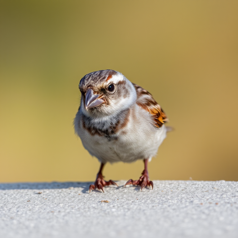A close-up shot of a sparrow perched on a textured surface, natural daylight, ISO 200, aperture f/2.8, shutter speed 1/500s, DSLR camera, shallow depth of field, focus on the bird's eye.