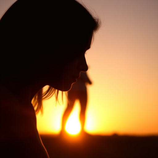 Regenerate a high-quality image of a silhouette against a sunset, using a DSLR camera with a 50mm lens, aperture f/1.8, ISO 100, shot from a low angle, with a warm color temperature and shallow depth of field for a dreamy effect.
