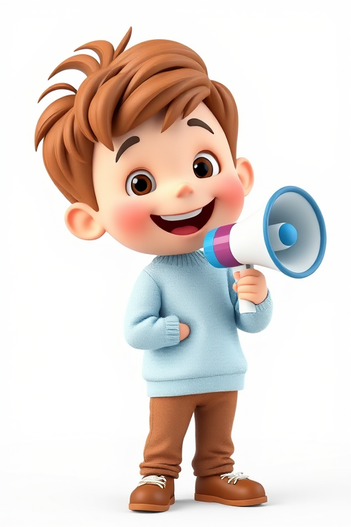 Create a 3D illustration of a cheerful cartoon boy with brown hair holding a megaphone, wearing a light blue sweater and brown pants, standing on a plain white background, using a Canon EOS 5D Mark IV with an aperture of f/4, ISO 100, at a 35mm focal length and a soft focus effect.