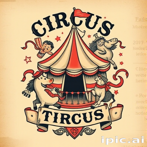 Vintage circus-themed tattoo featuring whimsical characters, bold typography, and nostalgic imagery, rendered in a sepia-toned color palette for an authentic old-world charm