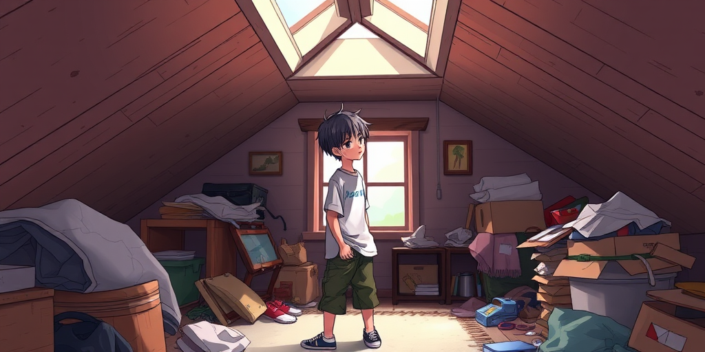 1boy, casual clothes, clutter, 4ttic, attic, slanted roof, indoors, window