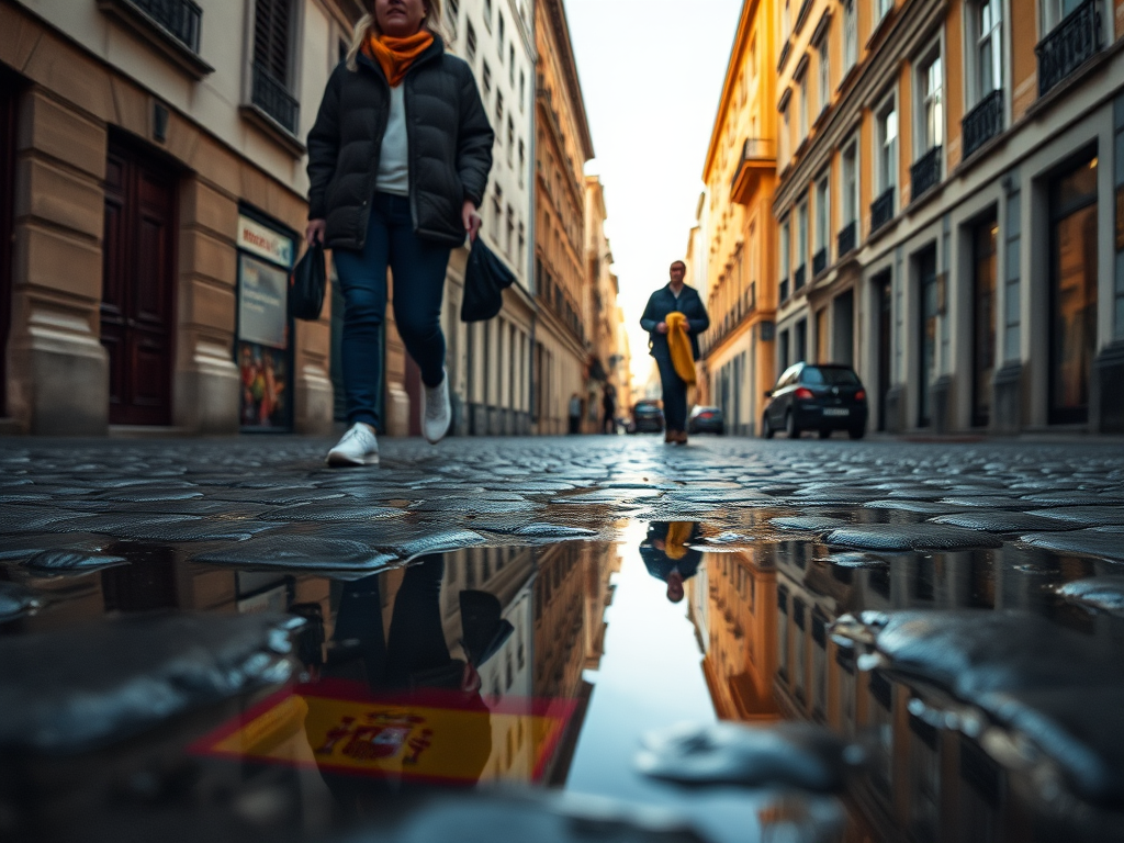 Regenerate an image of two people walking on a cobblestone street with their reflections in a puddle showing a Spanish flag, shot with a Canon EOS R5, 50mm lens, aperture f/2.8, shutter speed 1/200 sec, ISO 100, in soft natural light, at eye level.