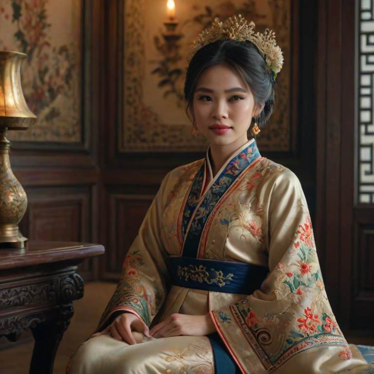 A beautiful Vietnamese woman in traditional East Asian attire, intricately detailed with embroidered patterns, sitting gracefully in a richly decorated room, soft ambient lighting, serene and elegant, ultra-realistic, 8K resolution