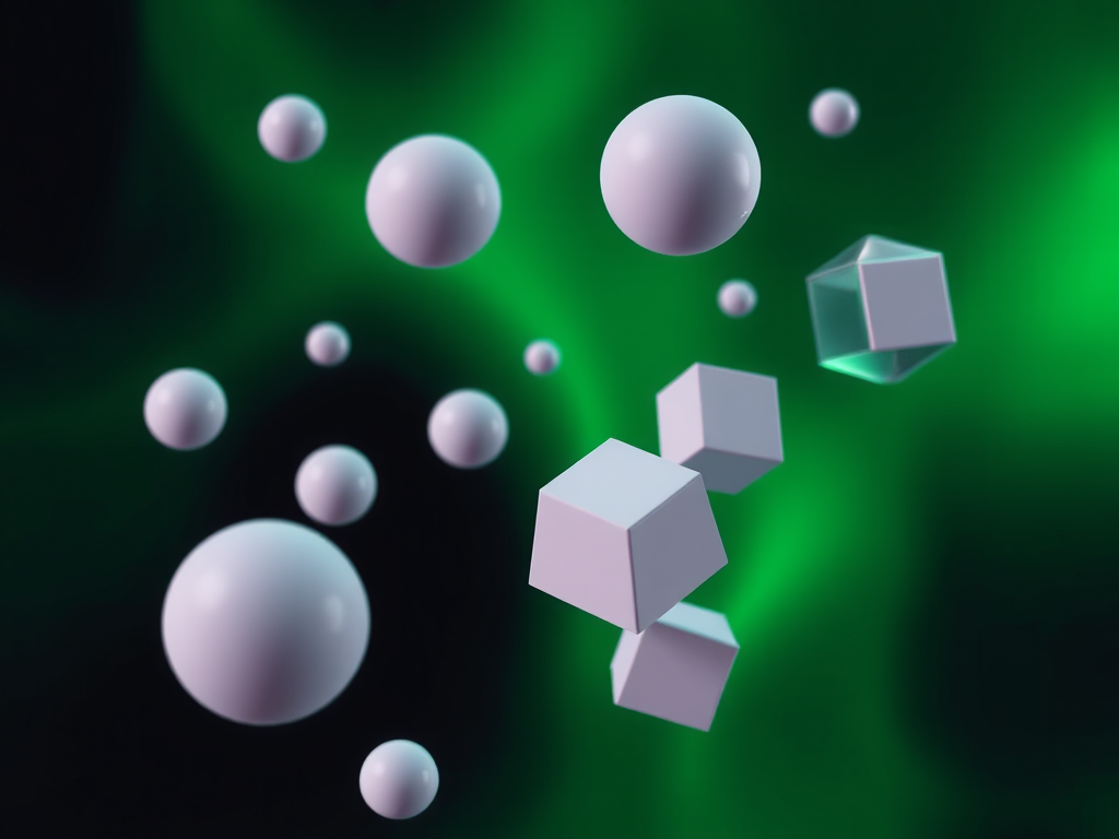 Generate a 3D abstract image featuring floating geometric shapes like spheres and cubes with a glowing green and black background, use a Canon EOS 5D Mark IV, aperture f/8, ISO 100, 50mm lens, and a high dynamic range setting for enhanced details.
