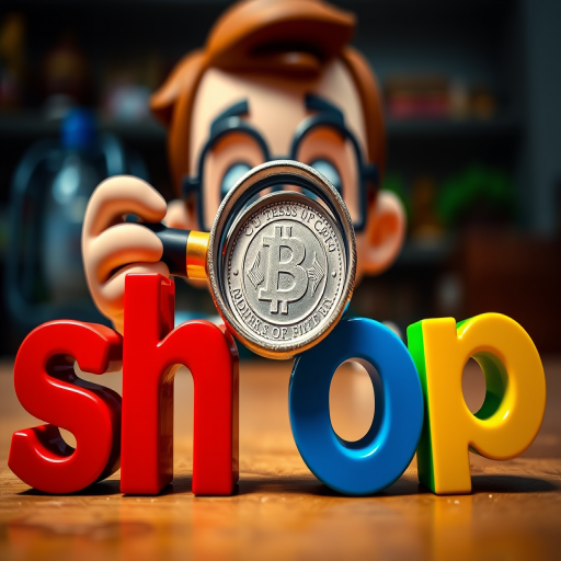Create an image of a cartoon character holding a magnifying glass over a coin, with the word "shop" in bold, colorful 3D letters (red, blue, green, yellow) in the foreground, captured from a low angle view using a DSLR camera, f/2.8 aperture, 50mm lens, ISO 100 for sharp detail and vibrant colors.