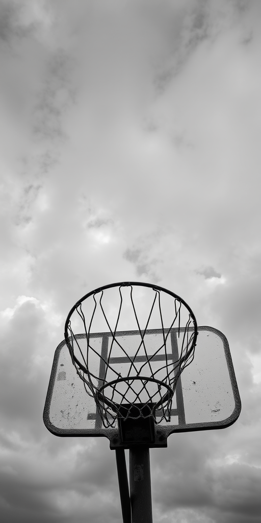 Create a high-resolution black and white image of a weathered basketball hoop against a cloudy sky using a DSLR camera with a 50mm lens, aperture f/2.8, ISO 100, and shot from a low angle to emphasize the hoop and the sky.