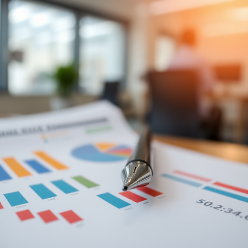 close-up of a pen resting on a colorful financial report with bar graphs in an office setting, shallow depth of field, aperture f/2.8, ISO 100, 50mm lens, natural lighting, DSLR camera, focus on the pen and report details, background blurred