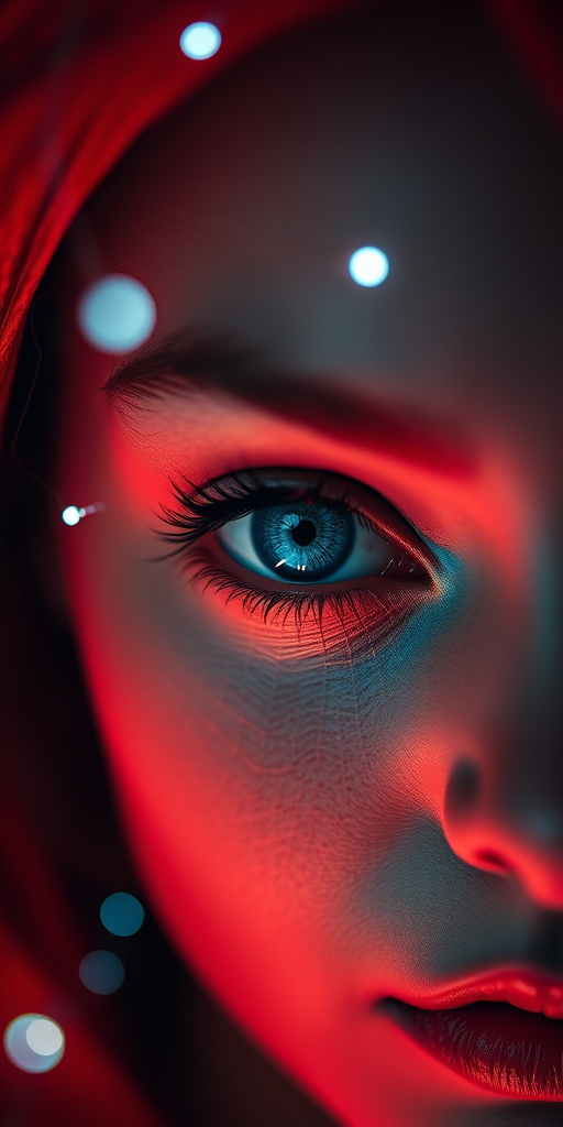 Create a high-resolution portrait of a face with a textured red background, featuring a striking blue eye, spider webs, and ethereal white lights, using a Canon EOS R5 with a 50mm f/1.2 lens, aperture set to f/1.8, ISO 100, and a shallow depth of field to enhance details and create a dramatic effect.