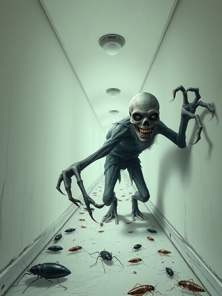 a crooked male with long arms and a creepy smile is crawling along a long white corridor and you can also see cockroaches in it there is a creepy atmosphere creepy art style