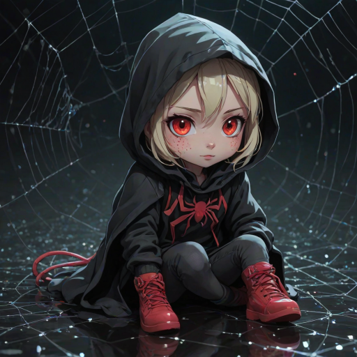 score_9, score_8_up, score_7_up,a woman with red eyes in a hood,a young woman,vinyl boots,dark background; liquid, particles, night, dark, glowing bioluminescence,zhibi, chibi, animal spider, small spider, chibi spider, cute happy spider, sitting in a spiderweb,transitioning into a vibrant,but it seems long abandoned. The overall atmosphere is heavy with suspense,Cinematography,hardware,blonde long hair,Dismissal at will, <lora:add-detail-xl:0.85>