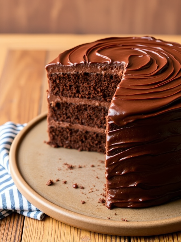 Create an image of a chocolate cake with multiple layers and rich chocolate frosting on top. The cake has a slice taken out showing the moist interior, and it is placed on a round platter. Include a textured wooden surface in the background and a striped napkin beside the cake. The overall atmosphere should be warm and inviting, highlighting the deliciousness of the cake.