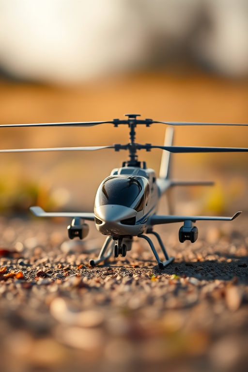 high-quality photo of a model helicopter on the ground, shallow depth of field, 50mm lens, f/2.8 aperture, ISO 100, natural lighting, close-up shot, taken with a DSLR camera