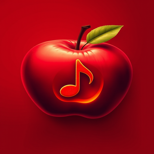 Create a vibrant red apple with a music note symbol inside, shot with a Canon EOS R5, ISO 100, f/2.8, 50mm lens, top-down view, high contrast colors, digital illustration style.
