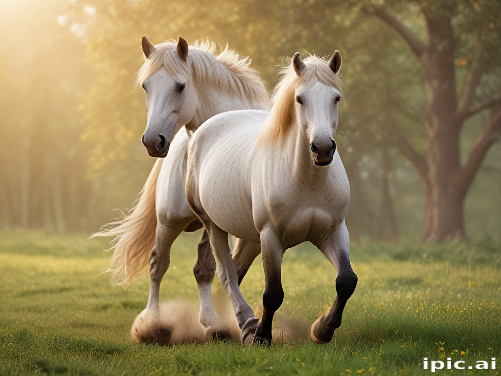 Two Majestic White Horses Galloping Gracefully Through a Serene Meadow