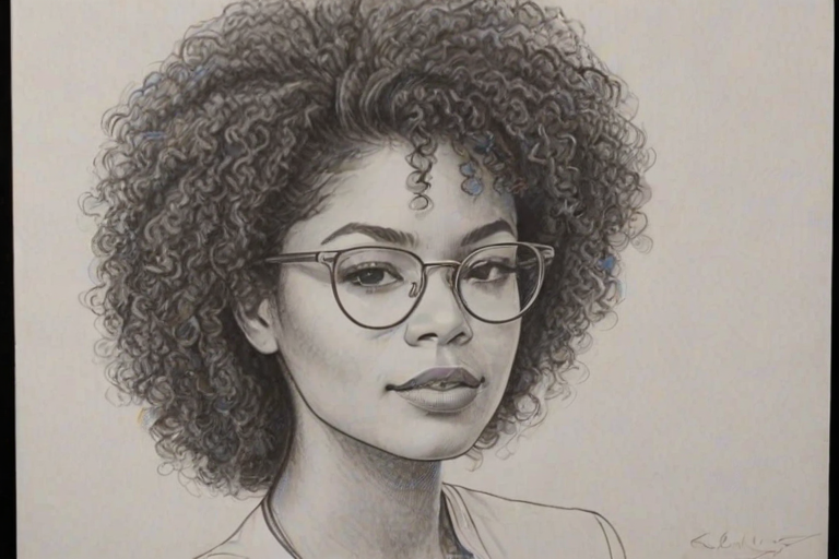 Pleasing Jaz Sinclair, pencil sketch, portrait of Radiant woman 1980s in glasses, hair style beatnik, outline, clear lines, fine lines, 8k