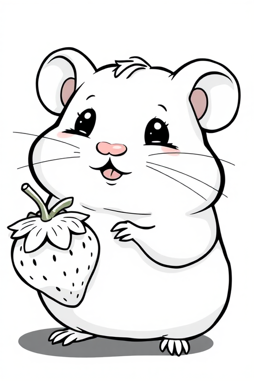 A cute cartoon hamster holding a strawberry, black and white line art style, high resolution, macro lens, f/2.8 aperture, 50mm lens, soft lighting, ISO 100, centered composition.
