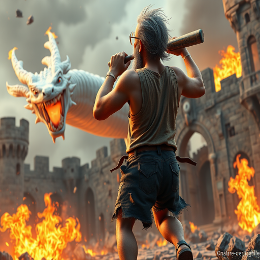 Cartoon 3D High-Resolution,dynamic battle scene using Unreal Engine 5 and Octane Render. The scene features back of an elderly, thai man with a beard,messy hair and round golden-rimmed glasses. He is wearing a tattered tank top with soot marks, shorts, and sandals. sweating. he wields a baseball bat. He jump to fight with a white fire-breathing Europe dragon amidst a partially destroyed stone castle. Include intense flames, smoke, and debris to enhance the dramatic effect.