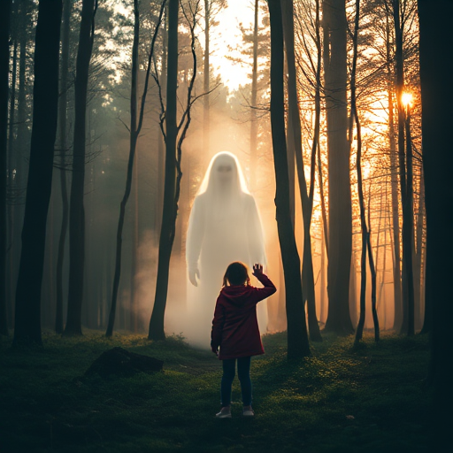 a mystical forest scene with a ghostly figure emerging among trees, a young girl standing in awe, ethereal atmosphere, soft lighting, DSLR camera, 50mm lens, f/1.8 aperture, ISO 100, shot at golden hour with a shallow depth of field