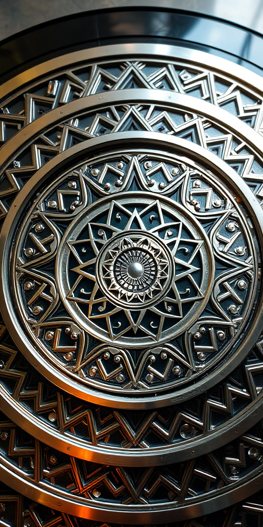 Create a high-resolution circular metallic abstract design with intricate geometric patterns, shot with a DSLR camera at f/8 aperture, 50mm lens, ISO 100, top-down view, using soft natural lighting to enhance reflections and texture.
