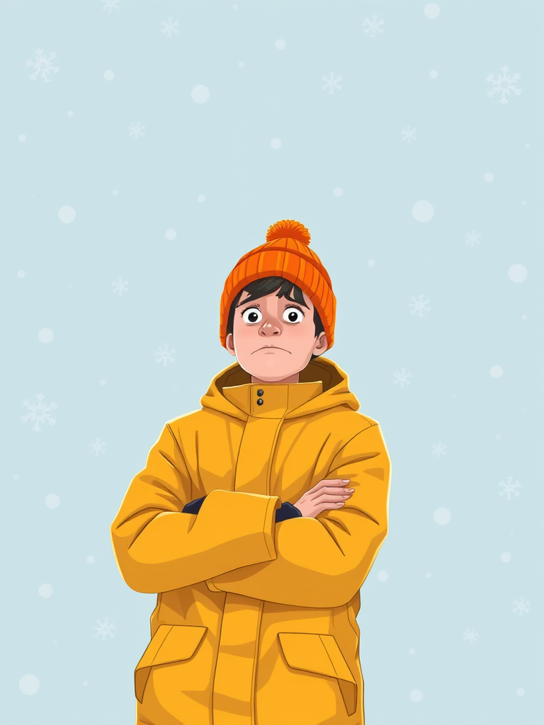 Create a digital illustration of a person wearing a yellow winter jacket and an orange beanie, standing with arms crossed and a worried expression against a light blue snowy background with white snowflakes, using a Canon EOS R5, 50mm lens, f/2.8 aperture, 1/200 sec shutter speed, and ISO 200 to enhance image clarity and detail.