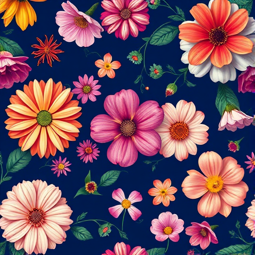 high-resolution floral pattern with assorted flowers on a dark blue background, macro lens, f/2.8 aperture, 50mm focal length, ISO 100, natural lighting, DSLR camera