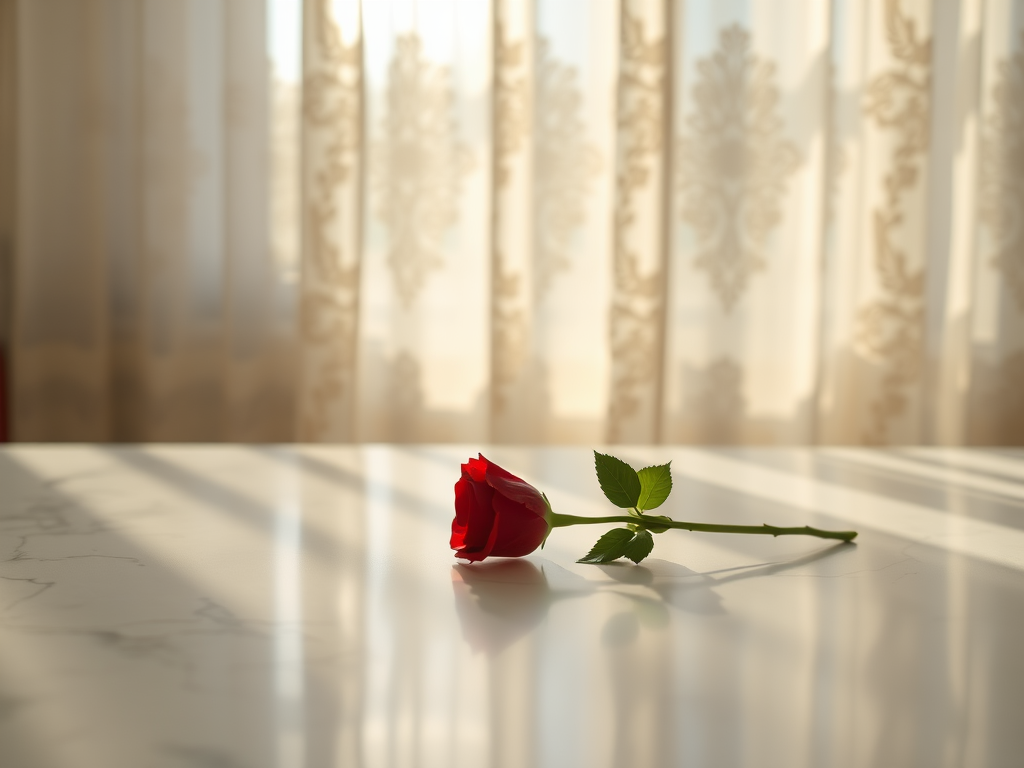 Soft-focus image of a single red rose resting on a marble countertop, soft sunlight filtering through lace curtains, casting delicate shadows across the surface.