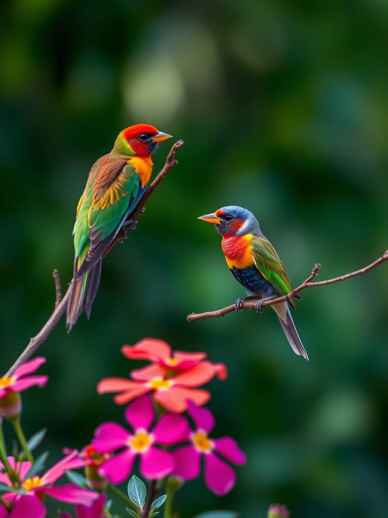 generate an image of colorful birds perched on branches with vibrant flowers in the foreground and a blurred natural background, use a Canon EOS 5D Mark IV with a 50mm f/1.8 lens, aperture set to f/2.8, shutter speed at 1/500s, ISO 200, natural light, high-resolution, and a wide-angle view for depth.
