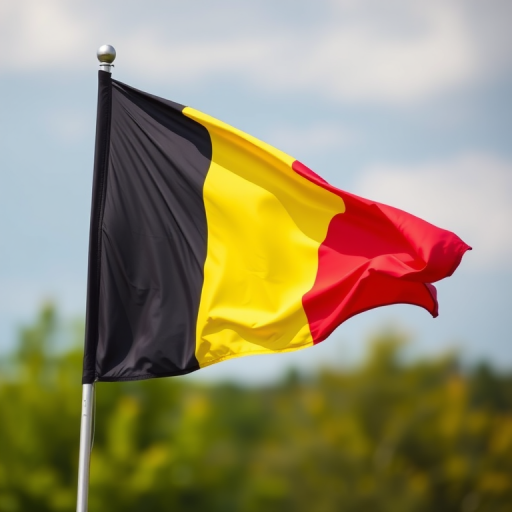 A highly detailed image of the Belgian flag waving in the wind, taken with a DSLR camera at f/8, ISO 100, 1/250 sec, in landscape orientation, soft focus background to enhance the colors of the flag.