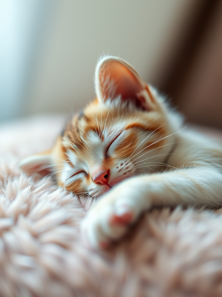 sleeping kitten on soft fur, shallow depth of field, 85mm f/1.4 lens, ISO 200, natural light, macro view, DSLR camera, soft focus background