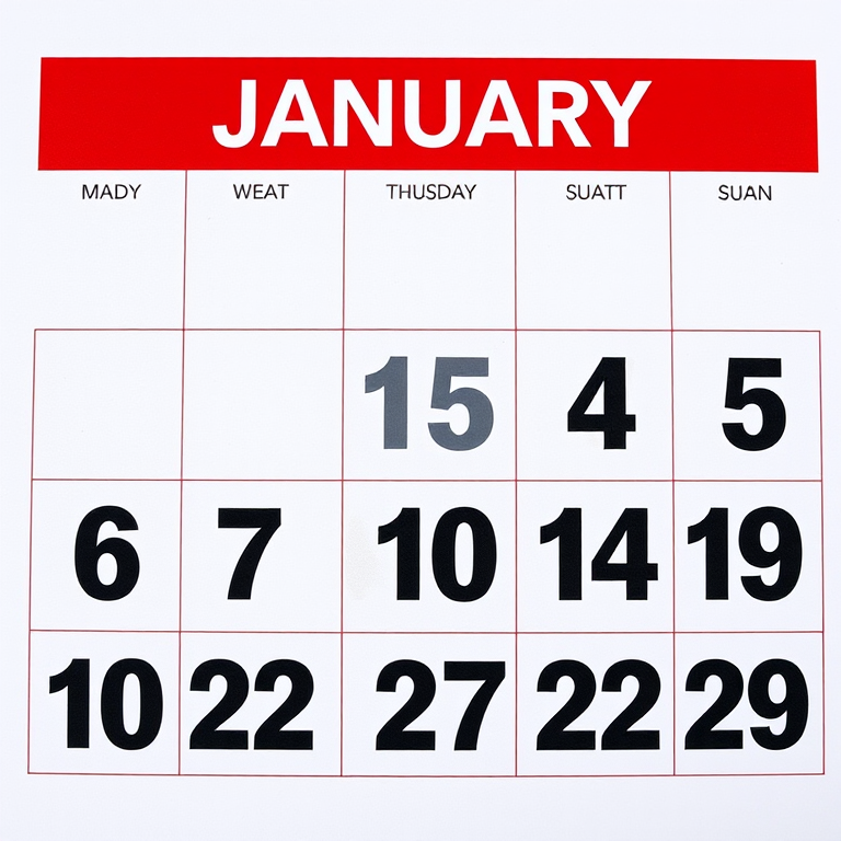 Create a high-resolution image of a January calendar page with a red header, displaying the days of the week in bold black numbers, shot from a top-down view using a DSLR camera with a 50mm lens, aperture set to f/2.8, ISO 100, and natural lighting for enhanced detail and clarity.