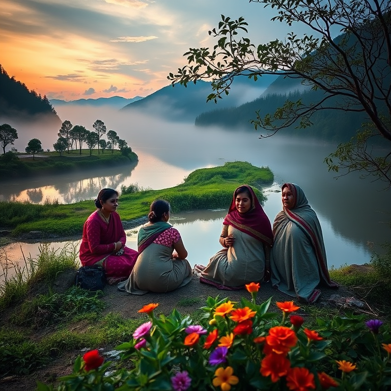 Capture a scenic dusk landscape of four women sitting in traditional attire on a serene riverbank with mist swirling around, surrounded by lush greenery and vibrant flowers, using a Canon EOS R5 with a 50mm f/1.2 lens, at f/2.8, ISO 200, 1/100 sec, with a shallow depth of field for a soft focus background.