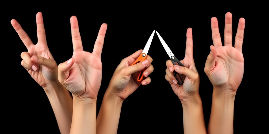 High-resolution image of multiple hands displaying gestures of peace, okay, and holding a pair of scissors against a solid black background, captured with a Canon EOS R5, 50mm lens, aperture f/1.8, ISO 100, natural lighting, full frame view.