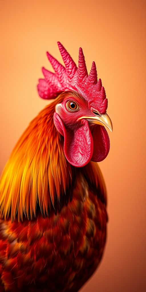 Create a high-resolution image of a rooster in vibrant colors with a smooth gradient background using a DSLR camera with a 50mm lens at f/1.8, ISO 100, shutter speed 1/200 seconds, shot from a low angle to emphasize the rooster's details and elegance.