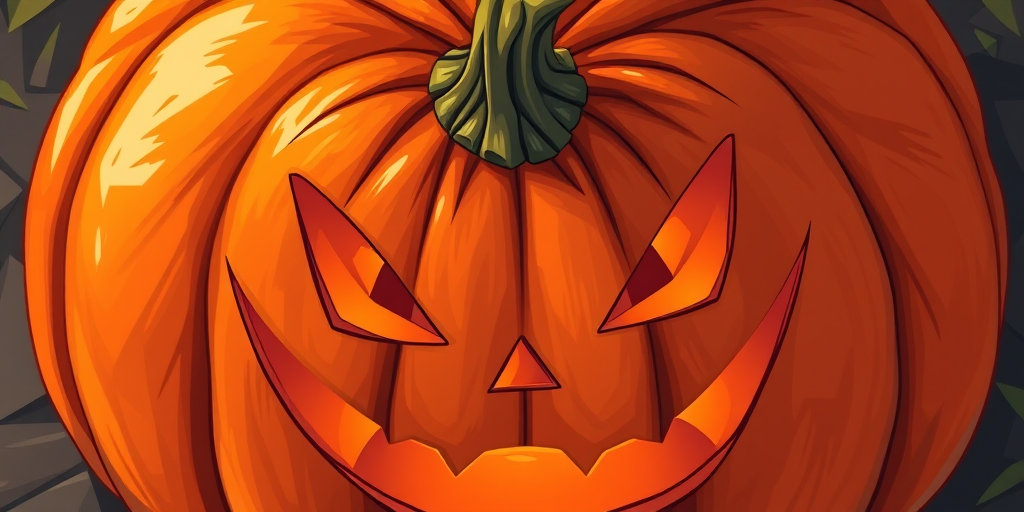 Create a high-resolution illustration of a carved pumpkin with a sinister smile and triangular eyes, using a DSLR camera at f/2.8 aperture, ISO 100, 50mm lens, top-down view, with vibrant colors and sharp details.