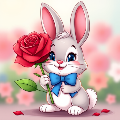 illustration of a cute cartoon bunny holding a red rose with a blue bow around its neck, vibrant colors, soft focus, 50mm lens, f/2.8, natural light, DSLR camera