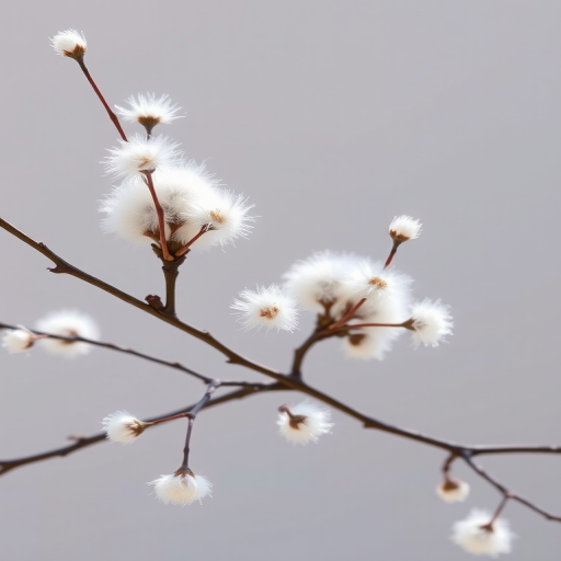 Create a high-resolution image of soft, fuzzy pussy willow branches with a neutral background, using a DSLR camera with a 50mm lens, aperture f/2.8, shutter speed 1/100s, ISO 100, in natural light, shot from a slightly elevated angle for depth.