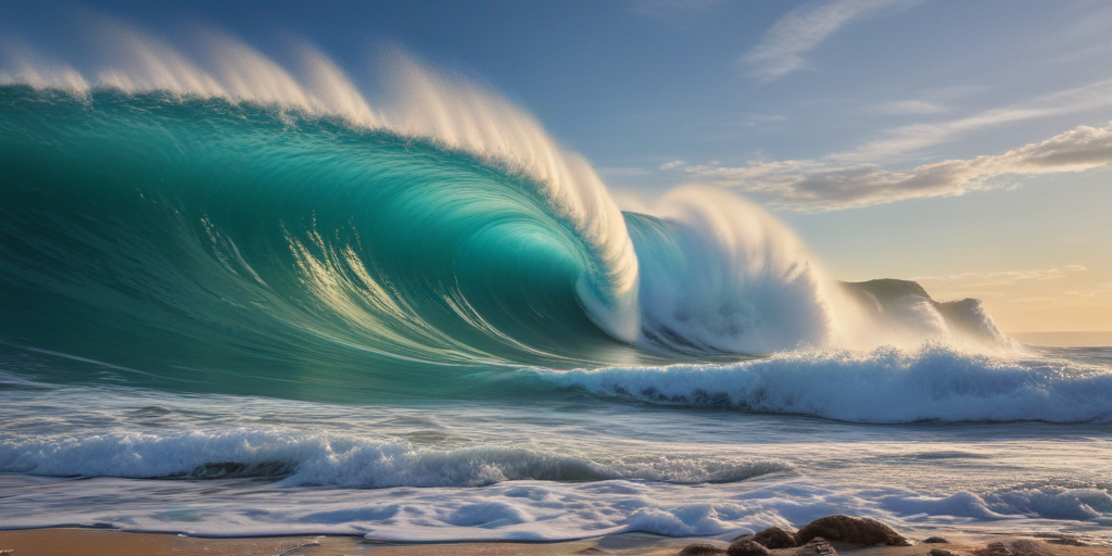 Majestic Ocean Wave Crashing on Shore Under a Vibrant Sunset Sky