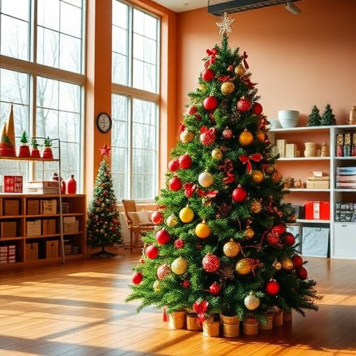 Create an image of a beautifully decorated Christmas tree with colorful ornaments, set in a spacious room with large windows that allow natural light to flood in. The walls should be painted in a warm color, and in the background, there should be shelves stacked with festive decorations and supplies. The floor should be a polished wood, enhancing the cozy holiday atmosphere.