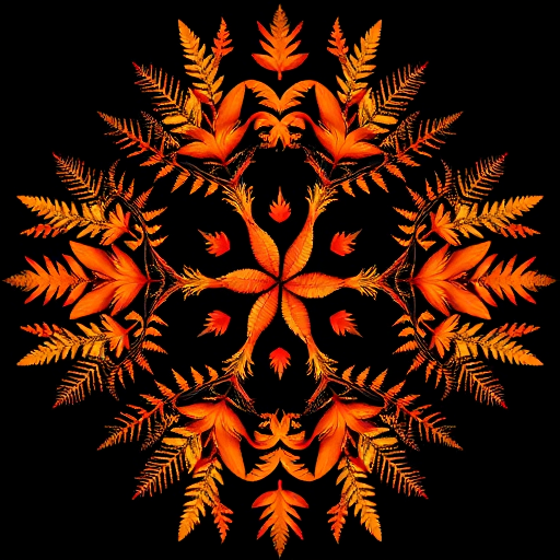 create an intricate pattern featuring orange leaves and ferns arranged symmetrically on a black background, shot with a DSLR camera at f/8 aperture, 50mm lens, ISO 100, in soft natural light to enhance color vibrancy and detail