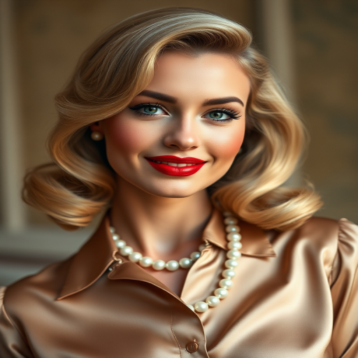 A beautiful woman reminiscent of 1950s Hollywood glamour, with perfectly styled blonde hair and a seductive smile, dressed in a satin blouse and adorned with pearls, soft and warm tones, photorealistic, 8K