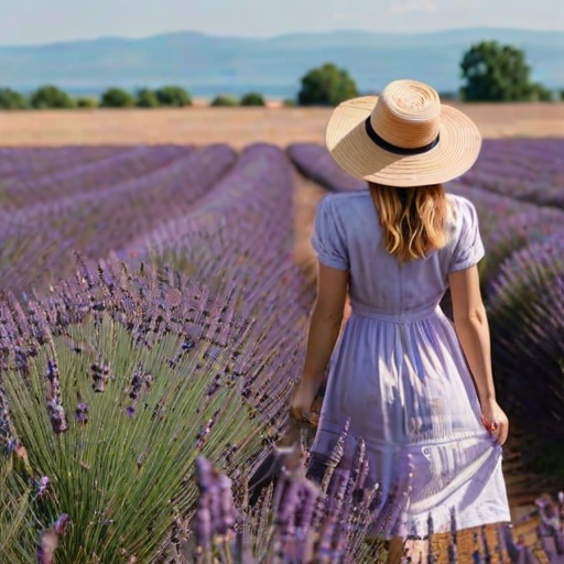 Lavender field stretching to the horizon, the purple flowers swaying gently in the breeze, with a woman in a sunhat walking among them, enjoying the scent.